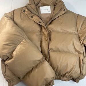 Olivia Ceous Puffer Jacket Women Small Tan Beige Cropped Winter Coat